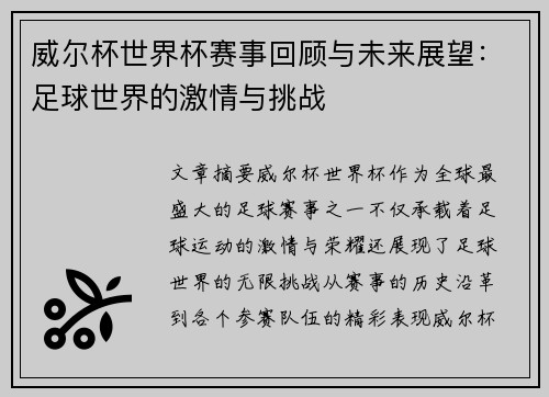 威尔杯世界杯赛事回顾与未来展望：足球世界的激情与挑战