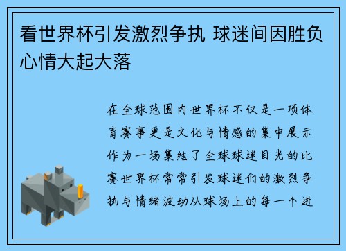 看世界杯引发激烈争执 球迷间因胜负心情大起大落
