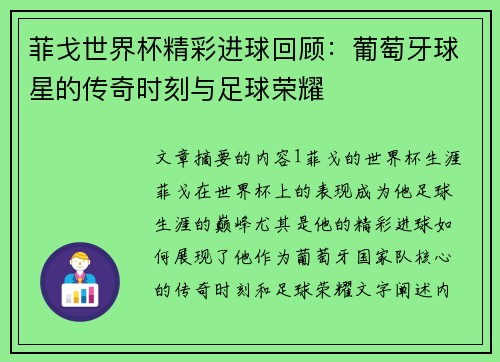 菲戈世界杯精彩进球回顾：葡萄牙球星的传奇时刻与足球荣耀